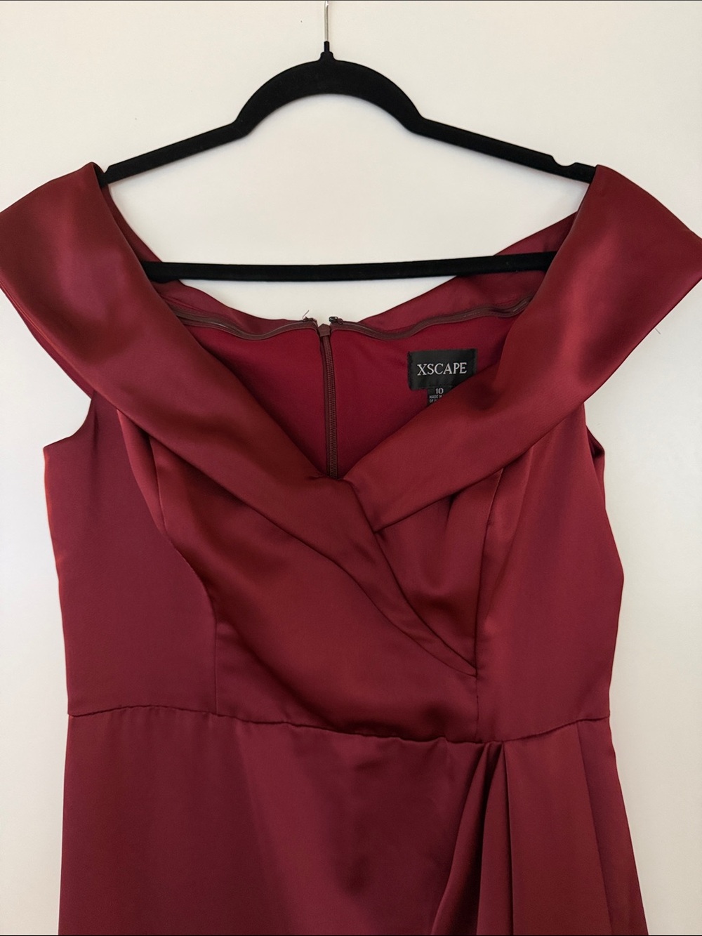 Xscape Off-Shoulder Satin Dress in Burgundy